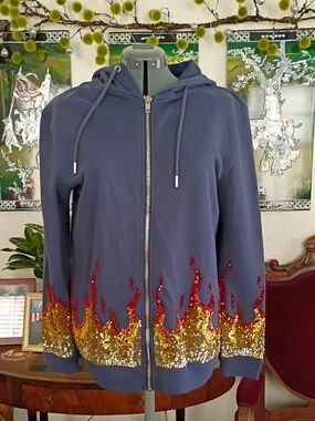 Zoe Karssen Navy Blue Cotton Flame Sequined Hoodie Size Extra Small